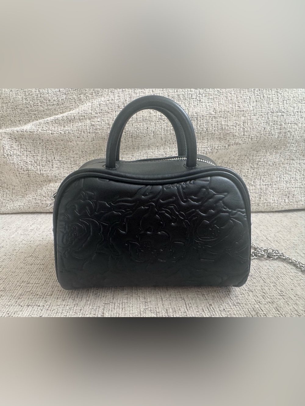 Black Lacoste Embossed Floral Top-Handle Women's Bag